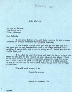 Letter from George B. Schwabe Supporting Increase in Spanish-American War Veterans Pensions, 1946-07-15