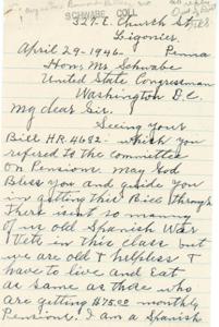 Letter to Congressman Schwabe in 1946: A Plea from an Aging Spanish War Veteran, 1945-01-01 - 1946-12-31