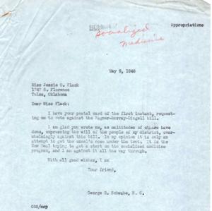 ["The document includes correspondence regarding the Wagner-Murray-Dingell bill, social security laws, and concerns about loopholes and discrimination. Congressman Schwabe expresses opposition to socialized medicine and indicates willingness to address issues with the Social Security law. Additionally, a constituent requests Congressman Schwabe to vote against the Wagner-Murray-Dingell bill."]