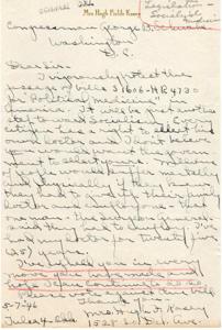 ["Mrs. Hugh Fields Kasey writes to Congress or George Washington D.S. expressing her opposition to socialized medicine legislation (bills S 1606 and R 4730). She believes that every citizen has the right to choose their own doctor and does not want the government to control healthcare. Mrs. Kasey urges Congress or Washington to vote against the bill and expresses her concern for the mental and physical well-being of millions of people if the legislation is passed."]
