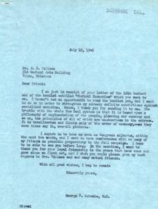 ["Dr. Wallace sends a booklet on Medical Economics to Congressman Schwabe, expressing his opposition to socialized medicine. Schwabe shares his belief that the New Deal system is totalitarian and un-American. He plans to return home for the fall campaign and hopes to meet with Wallace. They exchange pleasantries and well wishes."]