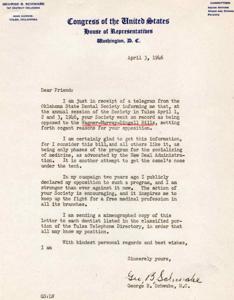 ["George B. Schwabe, a member of the United States House of Representatives from Oklahoma, received a telegram from the Oklahoma State Dental Society stating their opposition to the Wagner-Murray-Dingell Bills, which they believe are part of a larger plan to socialize medicine. Schwabe expresses his agreement with their stance and pledges to continue fighting for a free medical profession. He also informs dentists in Tulsa of his position on the issue."]