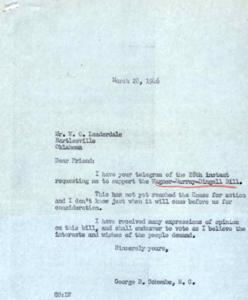 ["Mr. Lauderdale sent a telegram to Mr. Schwabe requesting support for a bill, but Mr. Schwabe has not yet seen the bill and cannot confirm his support at this time. Mr. Schwabe will consider the opinions of his constituents before making a decision on the bill."]
