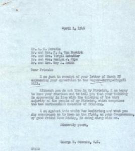 ["The document dated April 1, 1946 is a response to a letter of opposition to the Wagner-Murry Bills, which are seen as a threat to personal freedom and American medicine. The author urges the recipient, Representative George B. Schwabe, to vote against the bills and defeat them. The document emphasizes the importance of upholding the Constitution and giving private industry a chance to prosper. It also calls for the elimination of the O.P.A., farm subsidy, compulsory military training, industrial strikes, and drafting men in peacetime. The document is signed by multiple individuals and addresses the concerns of the proposed legislation."]