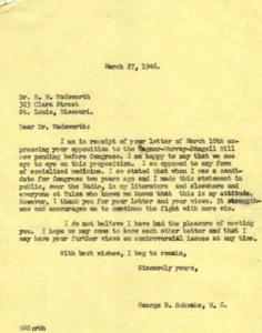 ["Dr. Wadsworth received a letter from George B. Schwabe, a member of Congress, thanking him for his opposition to the Wagner-Murray-Dingell Bill, which seeks to implement socialized medicine. Dr. Wadsworth expressed his concerns about the bill to Schwabe, urging him to work to defeat it. Schwabe appreciated Dr. Wadsworth's support and encouraged further communication on controversial issues."]