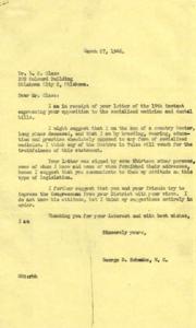 ["Dr. Glass received a letter from Representative George B. Schwabe expressing opposition to socialized medicine and dental bills. Dr. Glass and thirteen others signed a letter urging Representative Schwabe to do his utmost to defeat the bills, as they believe in the freedom to choose their own healthcare providers. Representative Schwabe responded, stating his opposition to socialized medicine and suggesting that Dr. Glass and his friends communicate their views to their Congressman."]