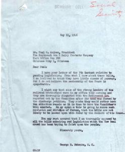 ["The document is from Paul H. Andres, President of The Southwest Ice & Dairy Products Company, urging Honorable George Schwabe to oppose pending legislation that would increase social security taxation and include the ice industry in the Railroad Retirement Act. Schwabe, in his response, expresses his opposition to the bills and doubts their chances of passage due to lack of sympathy from House members. He mentions that leaders of the railroad brotherhood are also against the Retirement Act reported by the Committee."]