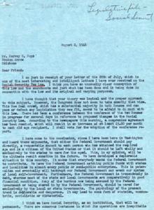 ["The document is from George B. Schwabe to Mr. Harvey G. Hays discussing the Social Security Tax Law and proposed changes to it. Schwabe expresses concern about the government's handling of Social Security funds and the potential for future issues. He also criticizes recent legislation passed by the New Deal crowd, including increased pay for congressmen and retirement benefits. Hays responds, expressing his agreement with Schwabe's views on Social Security and raising concerns about the lack of increase in benefits for retirees despite rising living costs."]