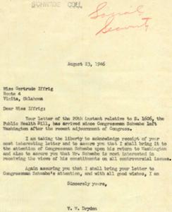 ["The document includes letters from Miss Gertrude Iffrig to Congressman George B. Schwabe concerning the Public Health Bill and concerns about communist influence in government positions. The documents express opposition to the bill and urge action against communist infiltration. Congressman Schwabe's representative assures Miss Iffrig that her concerns will be brought to his attention."]