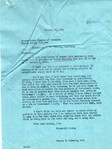 ["The document from George B. Schwabe to the Broken Arrow Chamber of Commerce expresses his opposition to the increase of the Social Security Tax from 1% to 21% as of January 1, 1946. He believes that the funds should be kept inviolate and that the increase is unjustifiable. The Chamber of Commerce also opposes the tax increase and requests Schwabe to go on record opposing it. The document highlights the amenities and resources of Broken Arrow, Oklahoma."]