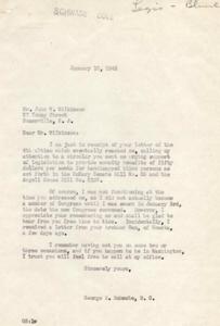 ["The document is a series of letters urging support for legislation to provide $50 per month annuity benefits for handicapped blind persons. The documents are addressed to Congressman George Schwabe and other Senators and Congressmen, asking for their support for the bills. The documents emphasize the need for financial assistance for blind individuals without requiring them to provide humiliating statements or give up their insurance policies. The recipients are encouraged to write to the Senate Finance Committee and their State Senators and Congressmen to support the bill."]