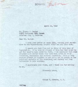 Correspondence Between Mr. Thomas J. Bacher and Representative George B. Schwabe Regarding Opposition to the Wagner-Murray Dingell Bills, 1946-03-19