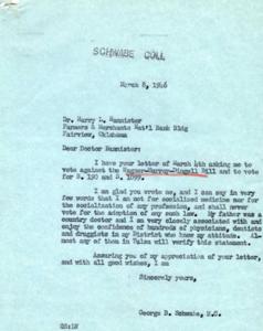 Correspondence Between Dr. Harry L. Bannister and Hon. George B. Schwabe Regarding Medical Legislation in 1946, 1946-03-08