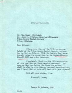 Correspondence between Tulsa County Dental Society and Congressman George B. Schwabe Regarding Opposition to Wagner-Murray-Dingell Bill, 1946-02-14