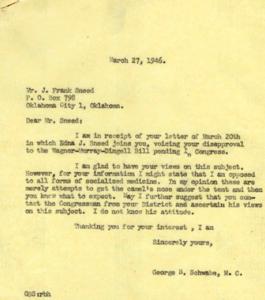Correspondence Between J. Frank Sneed and George B. Schwabe Regarding the Wagner-Murray-Dingell Bill, 1946-03-20
