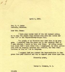 Defending Freedom: A Letter from Congressman George B. Schwabe on the Wagner-Murray-Dingle Bill, 1946-04-06