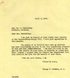 Correspondence Between Rep. George B. Schwabe and Mrs. Wm. S. Easterling Regarding the Wagner-Murray-Dingle Bill, 1946-04-06