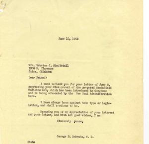 Correspondence on Socialized Medicine Act between Mrs. Webster J. Schoffstall and Congressman George B. Schwabe, 1946, 1946-06-06