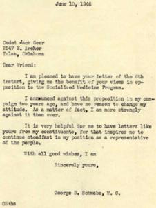 Correspondence Between Cadet Jack Geer and Representative George B. Schwabe Regarding Socialized Medicine, 1946-06-10