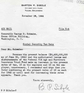 1944 Letter to Honorable George B. Schwabe Regarding Social Security Tax Rate Recommendation, 1944-06-30
