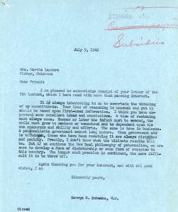 Correspondence on Government Subsidies and New Deal Philosophy Between Congressman George Schwabe and Constituent Martha Landers, 1946-07-07