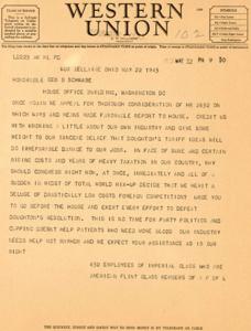 Telegram to the Honorable Geo B Schwabe Urging Consideration of HR 2652 and Opposition to Doughton&#39;s Tariff Ideas - May 22,, 1945-01-01 - 1946-12-31