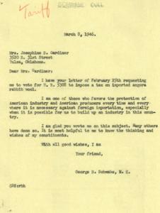 Congressional Correspondence: The Push for Import Tax on Angora Rabbit Wool in 1946, 1946-03-08