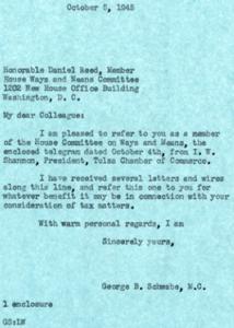 Letter from George B. Schwabe to Daniel Reed Regarding Tax Matters, 1945-10-05