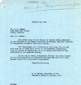 Correspondence Regarding Taxation System Reform and Congressman Schwabe&#39;s Committee Appointment, 1946-10-30