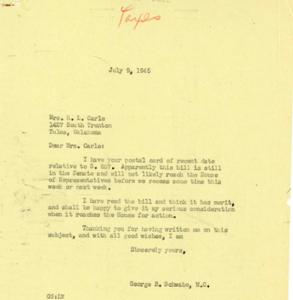 Correspondence Between Mrs. R.L. Carle and M.C. George B. Schwabe Regarding Senate Bill 887, 1945-07-09