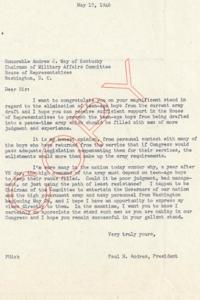 Letter to Honorable Andrew J. May Regarding the Drafting of Teen-Age Boys into the Army, 1946-05-17