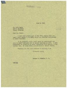 ["The document is a response to Mr. Odie Baker's request to oppose H.R. 2232, which is seen as detrimental to small businesses. The author, George B. Schwabe, expresses his agreement that the bill would harm both small and large businesses and reassures Mr. Baker that he will not support the measure. Schwabe thanks Baker for his interest and encourages him to continue advocating against the bill."]