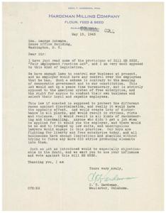 ["Cecil T. Hardeman, President of Hardeman Milling Company in McAlester, Oklahoma, opposes Bill HR 2232, the \"Fair Employment Practice Act\". He believes that the legislation would create unnecessary bureaucracy, restrict free enterprise, and lead to discrimination, strikes, and violence. Hardeman urges Honorable  George Schwabe to vote against the bill, especially emphasizing its potential impact in the South."]