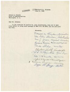 ["The document is urging George B. Schwabe, a member of the House of Representatives, to make efforts to pass the FEPC bill HR 2232 and the anti-poll tax bill in the interests of justice. It is signed by several constituents from various professions."]