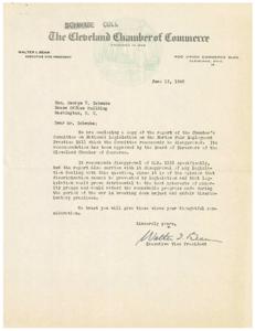 ["The Cleveland Chamber of Commerce is recommending the disapproval of the Norton Fair Employment Practice Bill, as well as any legislation dealing with the issue of discrimination. They believe that discrimination cannot be prevented by legislation and that it would be detrimental to minority groups and hinder progress made during the war in breaking down discriminatory practices. Walter I. Beam, the Executive Vice President, urges Honorable  George B. Schwabe to consider their views."]