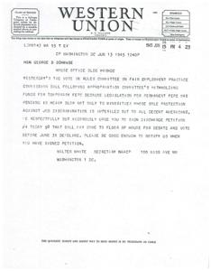 ["The document is a telegram urging the recipient to sign a discharge petition for a bill related to fair employment practices. The sender emphasizes the importance of the bill for minorities and all Americans, and requests notification when the petition is signed. The telegram also mentions the quickest and safest way to send money is by telegraph or cable."]