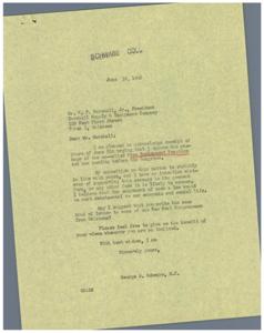 ["Mr. Marshall wrote to Congressman Schwabe urging him to oppose the Free Employment Practice Act, as he believed it would be detrimental to businesses and employees. Congressman Schwabe responded, agreeing with Marshall's views and stating that he had no intention of supporting the bill. Schwabe also suggested that Marshall write to other New Deal Congressmen from Oklahoma with the same message."]
