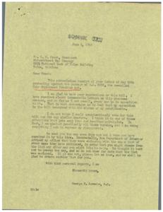 ["The document is a letter from George B. Schwabe, a congressman, responding to a letter from the President of Midcontinent Map Company, E. K. Frank, regarding the Fair Employment Practice Act. Schwabe expresses his opposition to the bill and states that he has received numerous letters from constituents who also oppose it. He also mentions sending a map to Frank and offers to obtain a list of other maps if needed. Additionally, there is a mention of a bulletin from the Oklahoma Retail Merchants Assoc. urging the defeat of the bill."]