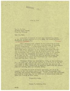 ["Mr. Dunn writes to Congressman Schwabe expressing his opposition to the Fair Employment Practice Act and his concerns about its potential negative impact on businesses. He criticizes the bill for giving too much power to a small group of individuals and creating a system that could lead to racketeering and blackmail. Dunn urges Schwabe to vote against the bill and suggests contacting other Oklahoma congressmen to express similar sentiments. Schwabe responds, agreeing with Dunn's views and stating his opposition to the bill as well."]