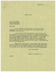 ["Mr. G.W. Morris wrote to Congressman George B. Schwabe asking him to vote against the Fair Employment Practices Act. Schwabe responded, stating that he has consistently voted against measures supporting the bill and will continue to do so. He thanked Morris for writing to him and encouraged him to reach out with any other concerns or issues."]