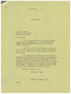 ["Mr. Tayloe of Tayloe Paper Company in Tulsa, Oklahoma, wrote to Congressman George Schwabe expressing disapproval of H.R. 2232, the Fair Employment Practice Act. Schwabe responded that he did not support the bill in its current form and appreciated hearing from constituents on controversial issues. Tayloe believed that the issue should not be solved through legislation."]