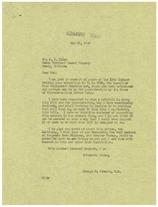 ["George B. Schwabe, a congressman, received a letter from D.M. Tyler opposing the Fair Employment Practice Act (H.R. 2232) and expressing hope that the bill would be defeated. Schwabe responded, stating that he does not support the bill and has declined to sign a petition to bring it out for consideration. He also expressed a wish that other members of Congress would see the issue the same way."]