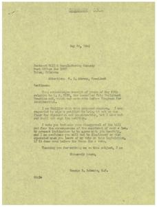 ["George B. Schwabe, a member of Congress, received a letter from Southern Mill & Manufacturing Company expressing their disapproval of House Resolution No. 2232, the Fair Employment Practice Act. Schwabe acknowledges the letter and states that he is also inclined to oppose the bill, reassuring the company that they will not be disappointed with his vote on the legislation."]