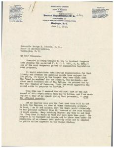 ["The document is a letter from John E. Rankin to George B. Schwabe discussing the F. E. P. C. Bill, which Rankin believes is dangerous and communistic. He argues that the bill would lead to totalitarianism, harm small businesses, and create race tension. Rankin urges Schwabe to oppose the bill and provides a list of personnel involved in the organization behind it. He emphasizes the importance of protecting the country from the negative consequences of the bill."]