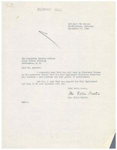 ["Mrs. Ellis Martin writes to Honorable Charles Schwabe urging him to support President Truman's desire to continue the Fair Employment Practices Committee with full enforcement powers. She also urges him to support the Full Employment bill and help it pass into law quickly."]