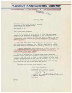 ["The document is a letter from the Patterson Manufacturing Company to Congressman George B. Schwabe regarding the appropriation of funds for the continuance of FEPC. The company appreciates the congressman's attitude and cooperation on the matter and expresses the importance of more liberal interpretations of acts of Congress in order to make progress in the post-war employment program. The document is signed by A. Walter Patterson, the President of the company."]