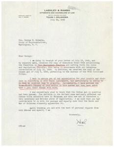 ["The document is thanking Honorable  George B. Schwabe for sending a copy of Executive Order 9346 and the recent Act of July 2, 1945 pertaining to the Indians of the Five Civilized Tribes. The recipient is grateful for the prompt delivery and mentions that the new act is necessary and welcome legislation. The document also expresses appreciation for Schwabe's efforts in passing the act and sends personal regards from both Edmund and Hal."]