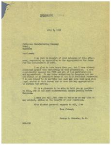 ["The document is a letter from George B. Schwabe, expressing his opposition to the appropriation for funds for the continuation of FEPC. He states that he has consistently opposed the FEPC and all of its manifestations and appearances, as it was never authorized by Congress but was the result of an Executive Order of the late President Roosevelt. Schwabe makes it clear that he will not support any vote or appropriation to sustain the FEPC. He ends the letter by expressing his willingness to discuss any subject and sends his regards."]