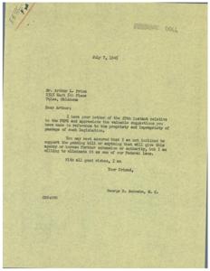 ["Arthur Price wrote a letter to Congressman George Schwabe expressing concern about the proposed Fair Employment Practices Legislation. Price believed the bill would give too much power to unions and appointed bureaucrats, potentially harming employers. He urged Congressman Schwabe to oppose the bill. Congressman Schwabe responded, stating he appreciated Price's suggestions and reassured him that he was not inclined to support the pending bill."]