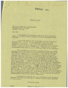["The document acknowledges receipt of a letter concerning the Fair Employment Practice Act, expressing concern about the potential negative impact of the legislation on manufacturers and the belief that it may be driven by political motives rather than genuine concern for the people. The writer states their intention to vote based on what they believe to be in the best interests of the country rather than seeking political favor. The document encourages open communication on the subject."]